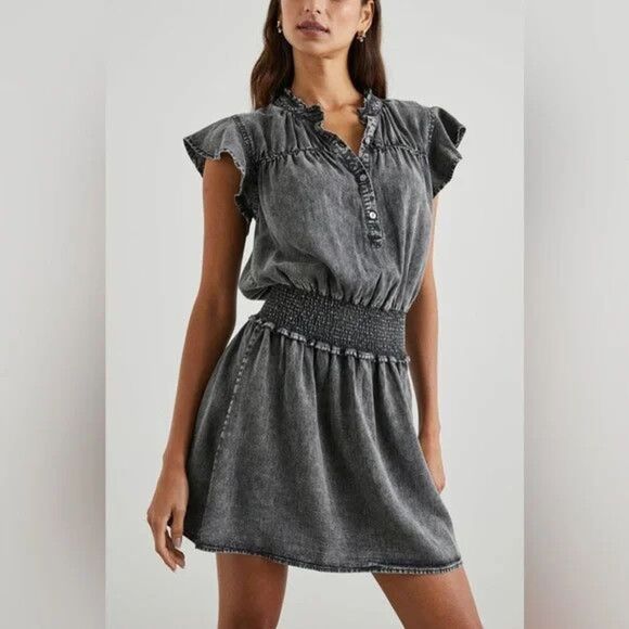 Rails Dresses & Skirts - Rails Amina Dress Womens Medium Black Acid Wash Smocked Flutter Sleeve Mini
